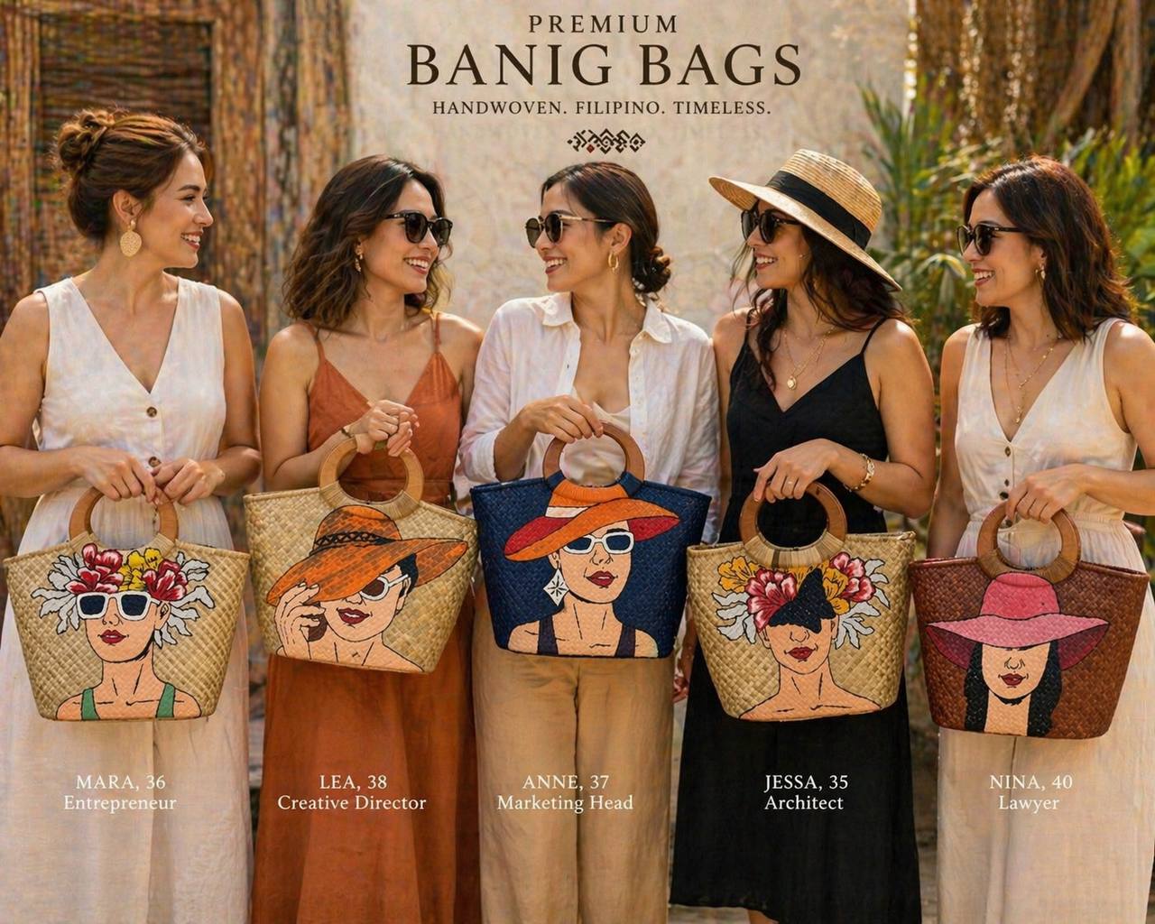 Beautiful display of handcrafted Bayong bags with artistic designs